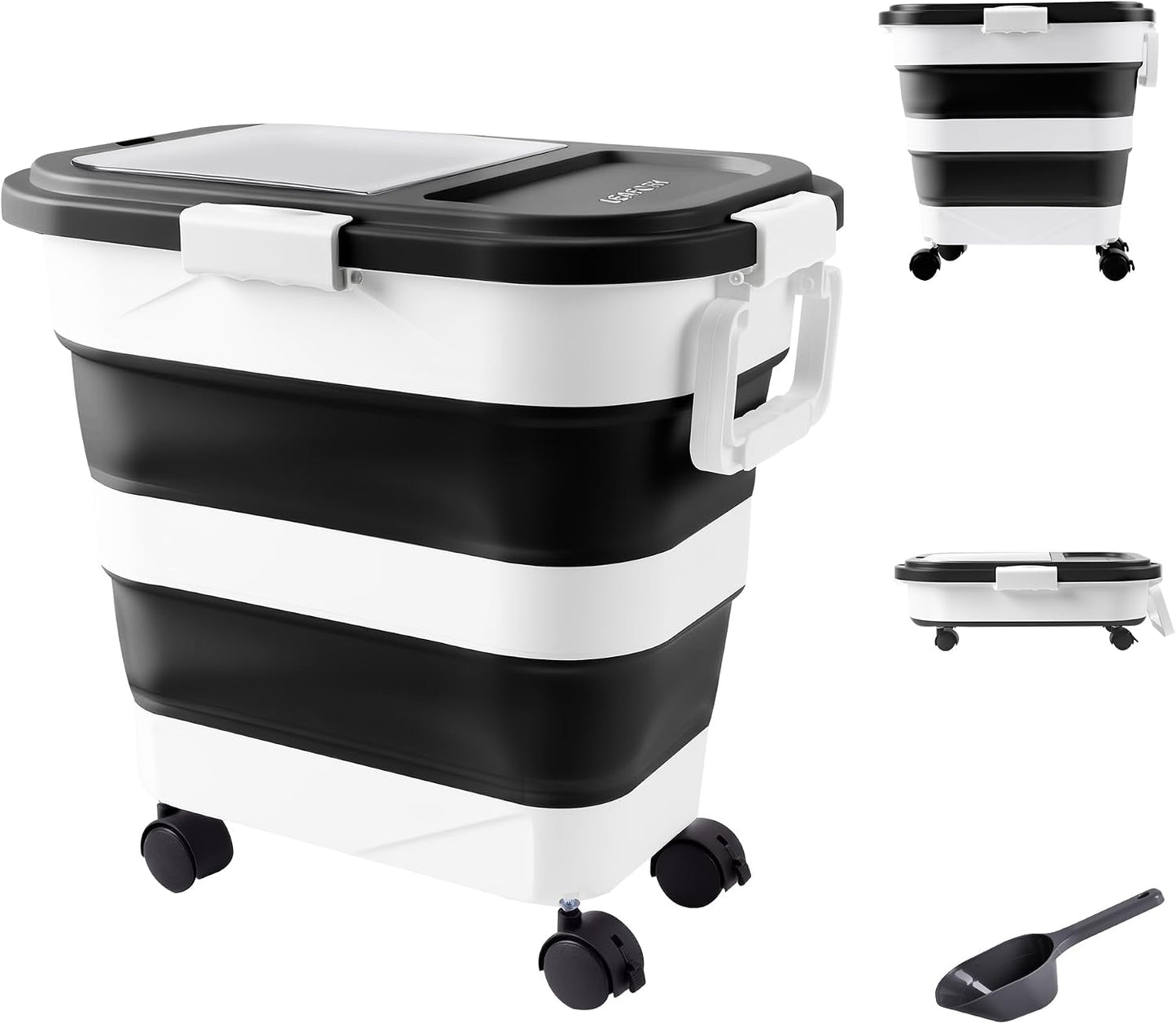 Dog Food Storage Container 20-25lbs, Airtight Pet Food Bin with Locking Lid & Clear Window, Collapsible Rolling Storage Container with Wheels and Scoop, Black