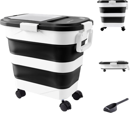 Dog Food Storage Container 20-25lbs, Airtight Pet Food Bin with Locking Lid & Clear Window, Collapsible Rolling Storage Container with Wheels and Scoop, Black
