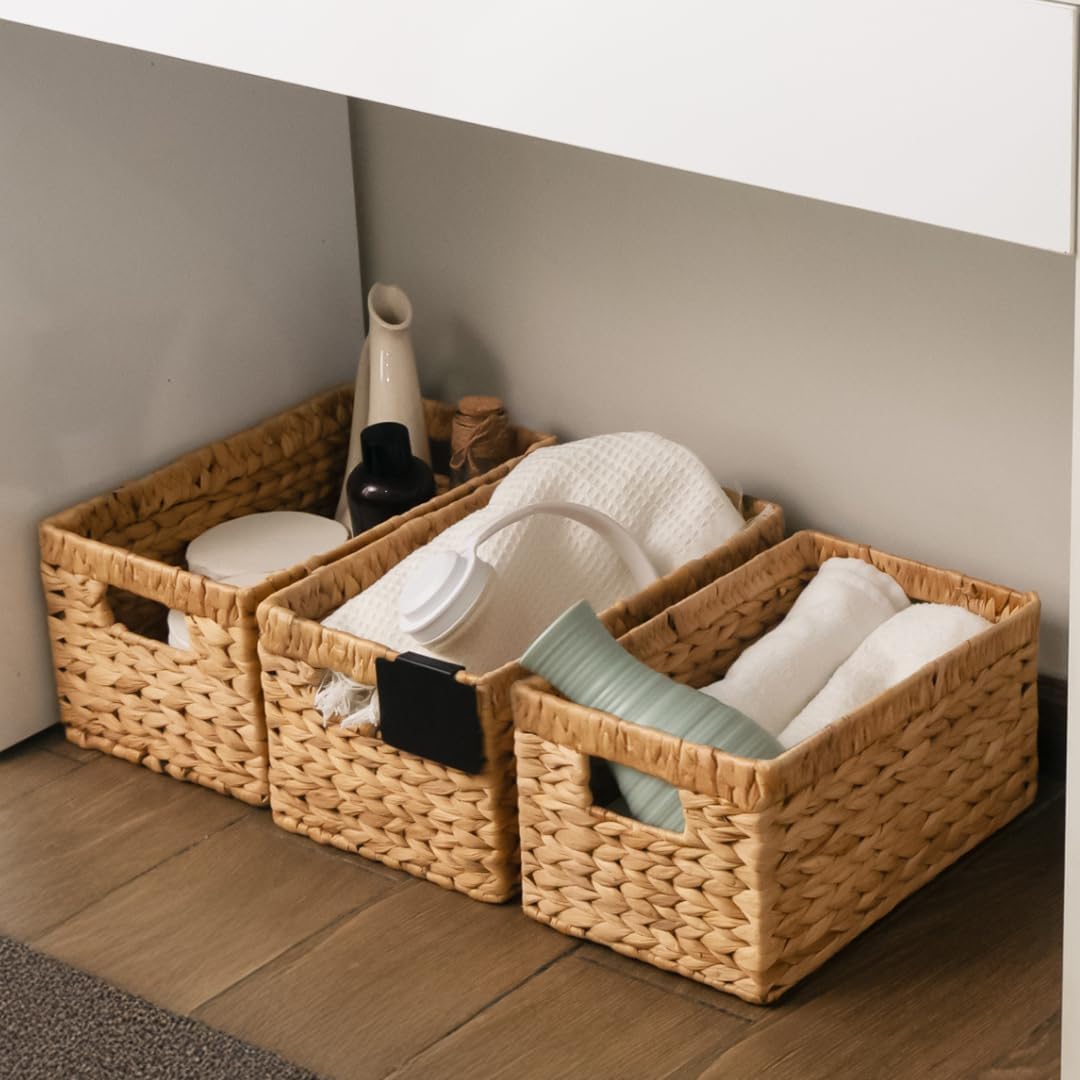 KOKODO Wicker Storage Basket Set of 2, Rectangular Baskets for Shelves with Handles & Chalkboard Labels, Handwoven Water Hyacinth Baskets for Organizing Pantry, Closet & Home.