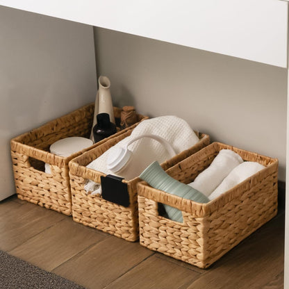 KOKODO Wicker Storage Basket Set of 2, Rectangular Baskets for Shelves with Handles & Chalkboard Labels, Handwoven Water Hyacinth Baskets for Organizing Pantry, Closet & Home.