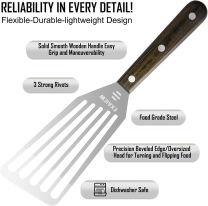 2 Pack Fish Spatula Stainless Steel - Metal Spatula Set, Wooden Handle | Kitchen Slotted Fish Turner/Spatula Set [ Large+Medium ] for Cooking & BBQ, Flipping Eggs, Burgers and Baking, Perfect Gifts