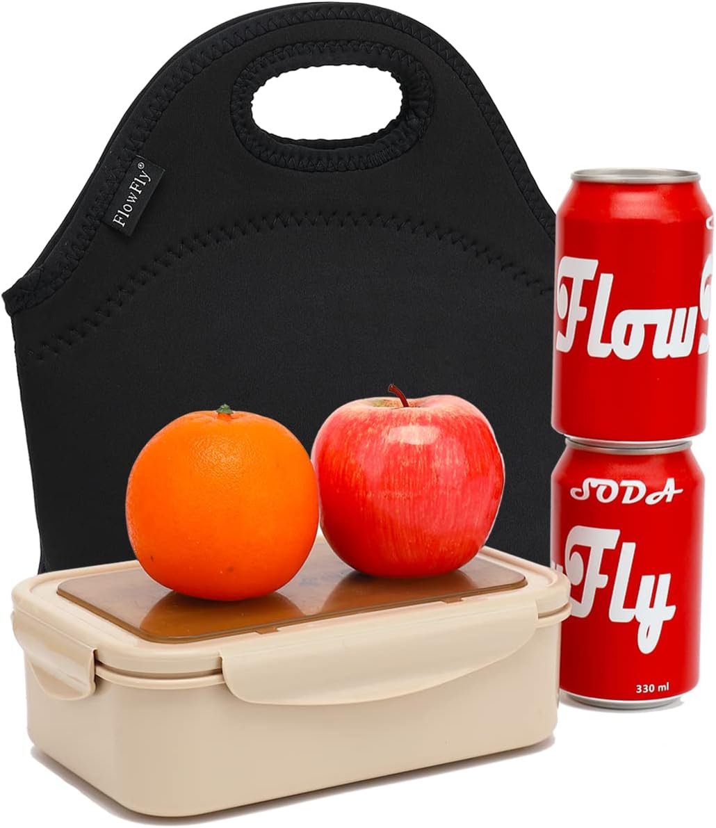 FlowFly Neoprene kids Lunch box Insulated Soft Bag Mini Cooler Thermal Meal Tote Kit for Boys, Girls,Men,Women,School,Work, Office,Black