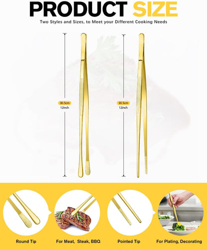 BUNDLEPRO Kitchen Tweezers Tongs with Precision Serrated Tips, 2 Pcs, 12''
