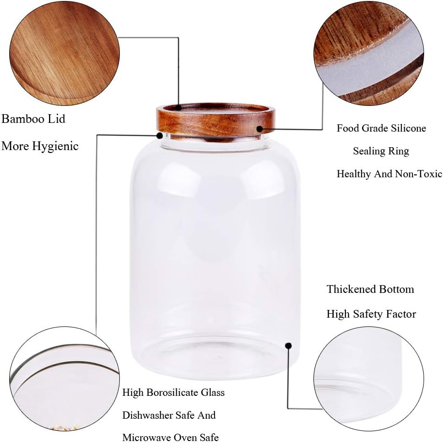 Large Glass Jar with Airtight Lid Set of 2 93 FL OZ(2750ml) glass canister set, Glass Food Containers Wooden Lid Suit for Kitchen Pantry for Flour, Tea, Coffee Beans, Sugar, Cookies(8.8 inch high)
