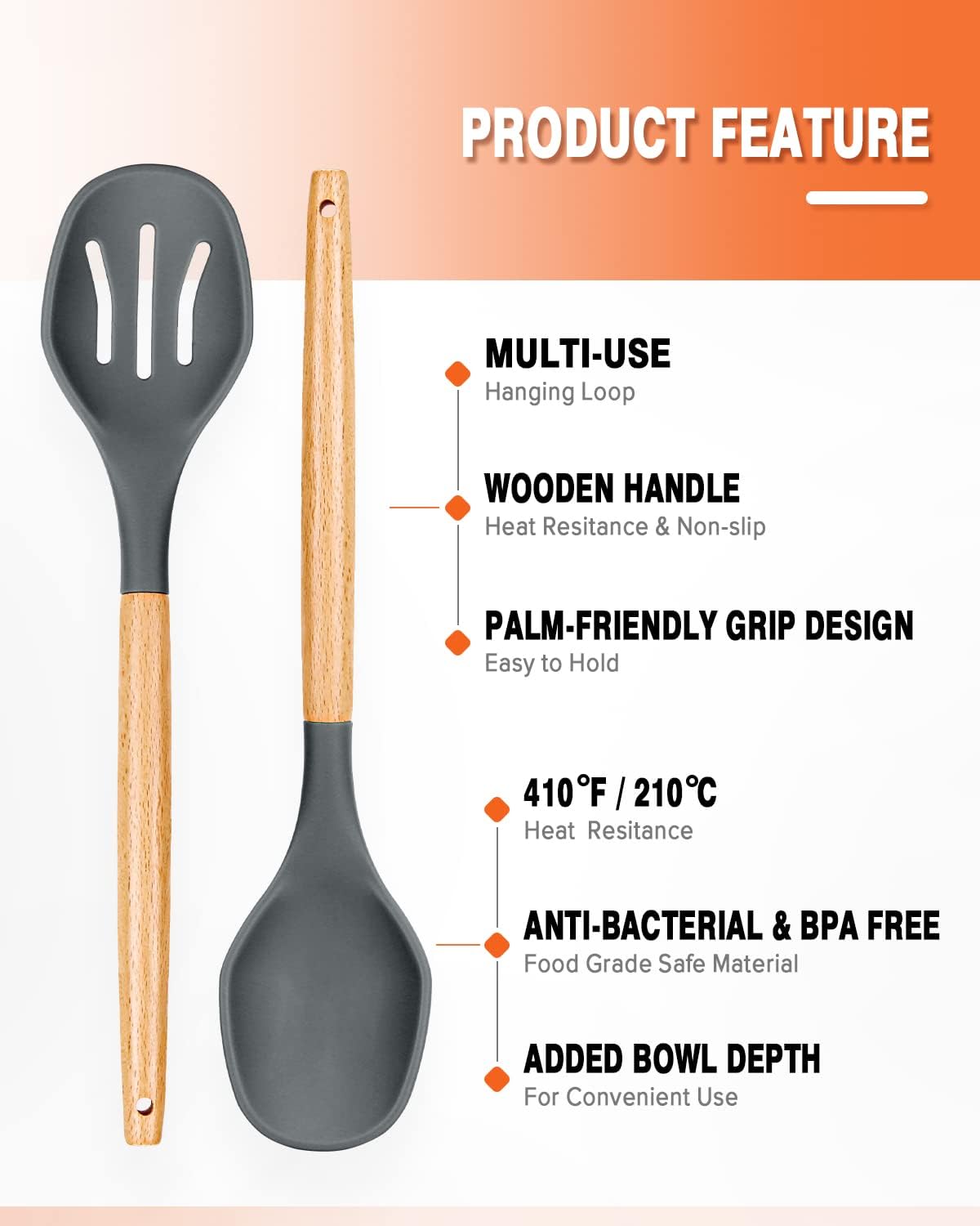 Large Silicone Cooking Spoons, 2 Pack Nonstick Solid and Slotted Wooden handle Spoon Set, Heat Resistan Silicone Kitchen Spoons for Cooking, Serving, Basting, Mixing (Khaki)