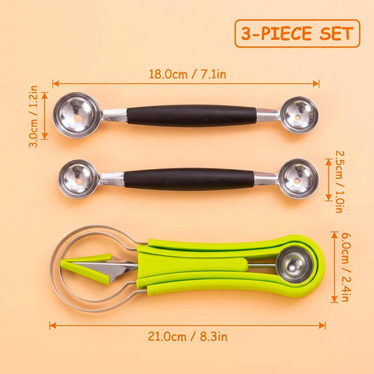 Melon Baller Scoop, Stainless Steel Dual-End Fruit Baller Scoop, Professional 3-in-1 Fruit Carving and Scooping Kit, Melon Balls Scooper for Watermelon, Ice Cream, Fruits, Sorbet and Meatballs