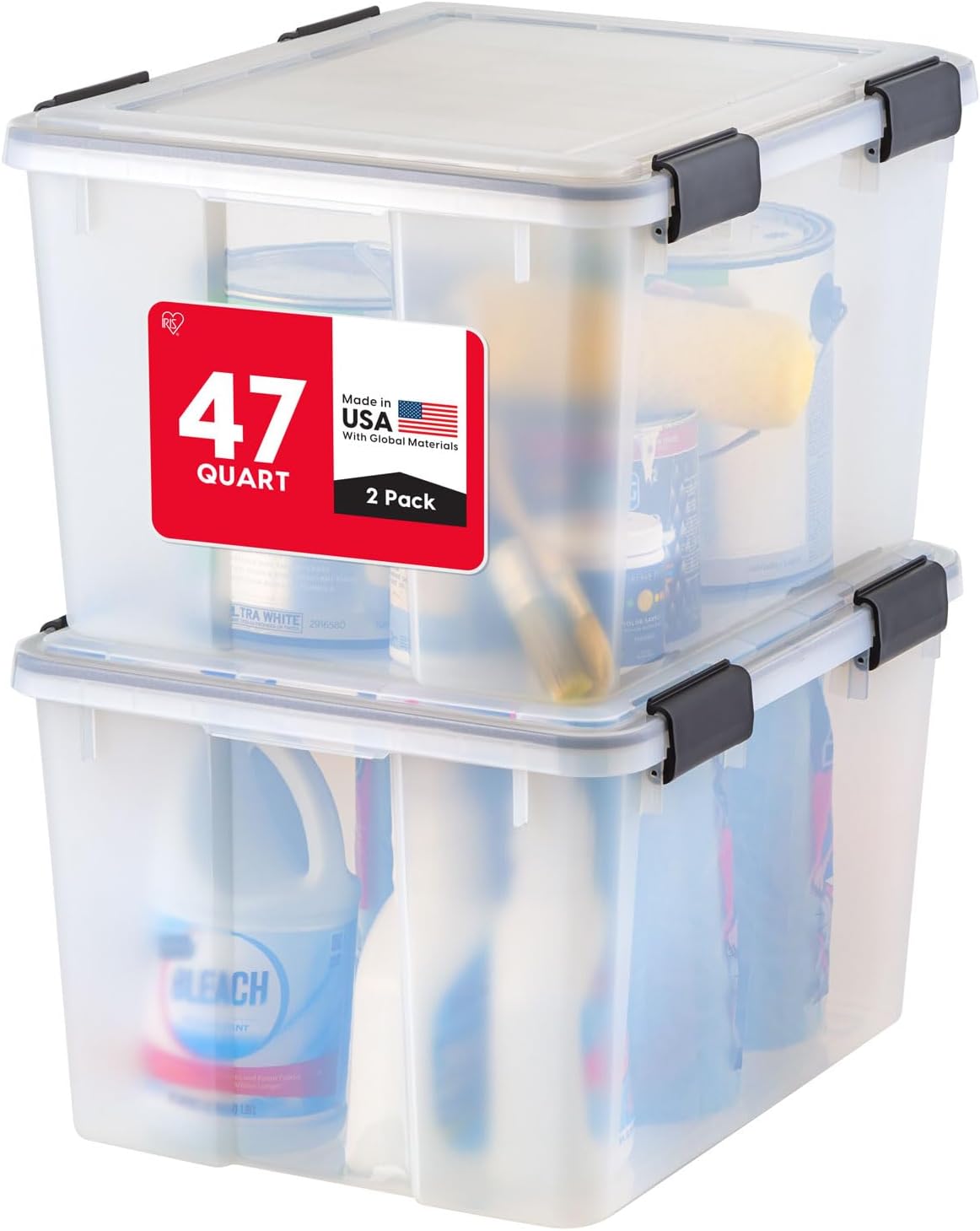 IRIS USA WeatherPro 47 Qt Storage Bins with Lids, 2 Pack, BPA-Free Plastic Gasket Box with Tight Latch and Seal, Stackable Nestable Tote Tub - Clear/Black