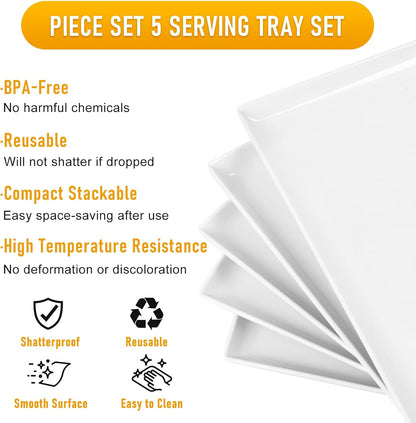 Moretoes 5pcs Melamine White Serving Trays for Party, Reusable Serving Dishes,14.5 x 6,Unbreakable Rectangle Plates, for Cookie, Appetizer, Charcuterie, Snack, Dessert, Food Display