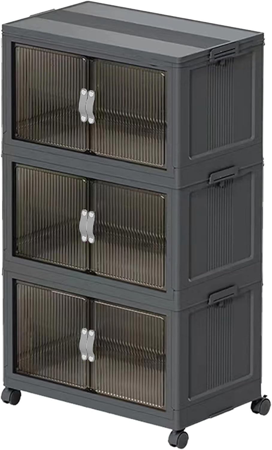 51QT Stackable Storage Bins with Lids & Wheels - Foldable Cabinet Clear Door Plastic Organizer Containers for Home, Garage, Pantry Organization - Collapsible Design Gray 5T