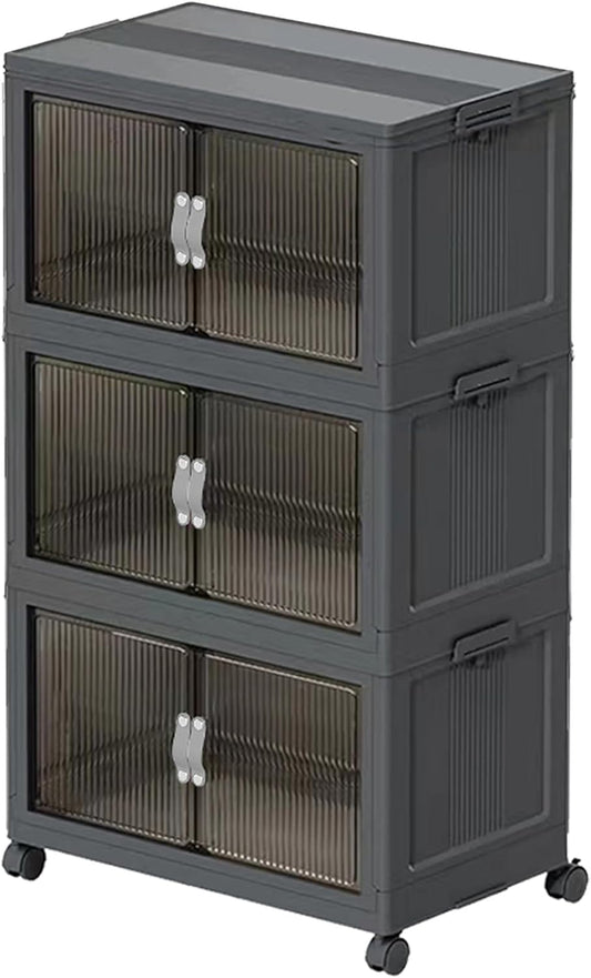 51QT Stackable Storage Bins with Lids & Wheels - Foldable Cabinet Clear Door Plastic Organizer Containers for Home, Garage, Pantry Organization - Collapsible Design Gray 5T