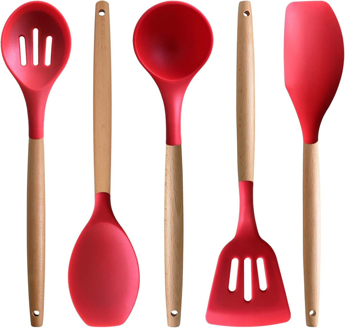 Kitchen Cooking Utensils Set, 6Pcs Silicone Kitchen Utensils Set Spatula Spoon Soup Ladle Turner, Heat Resistant Wooden Handle Silicone Cooking Gadgets for Nonstick Cookware & Baking BPA FREE