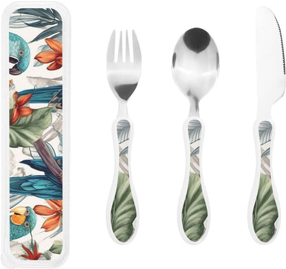 3-Piece Kids Silverware Set With Storage Case, Stainless Steel Reusable Children Safe Knife Spoon Fork Set Parrots On Branches Children Flatware Set For Kids Lunch Box