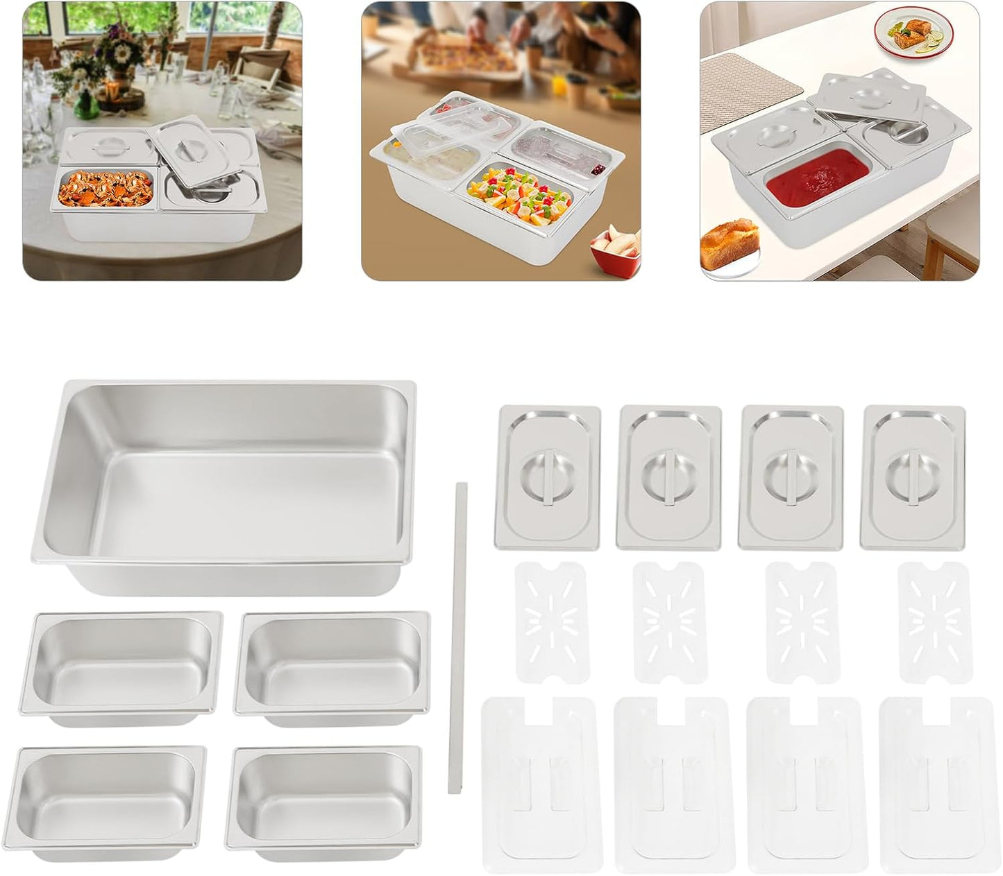 3/4/6 Compartment Stainless Steel Fruit Serving Set with Removable Acrylic Lids, Drainage Mats - Commercial Food Storage Containers for Buffet, Restaurant (3-Pan)