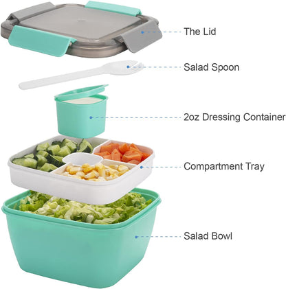Freshmage Salad Lunch Container To Go, 52-oz Salad Bowls with 3 Compartments, Salad Dressings Container for Salad Toppings, Snacks, Men, Women (Blue)