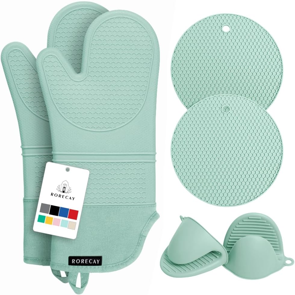 RORECAY Silicone Oven Mitts and Pot Holders Sets, Gloves for Kitchen, Beige