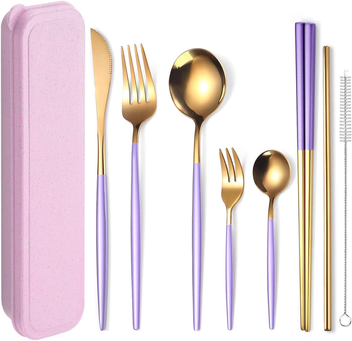 AARAINBOW 8 Pieces Stainless Steel Flatware Set Portable Reusable Cutlery Set Travel Utensils Set Including Chopsticks Knife Fork Spoon Straws Cleaning Brush Dishwasher Safe (Pink Golden)