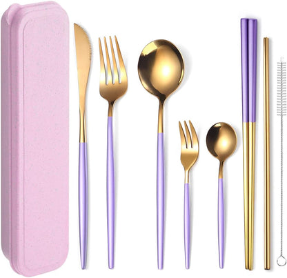 AARAINBOW 8 Pieces Stainless Steel Flatware Set Portable Reusable Cutlery Set Travel Utensils Set Including Chopsticks Knife Fork Spoon Straws Cleaning Brush Dishwasher Safe (Pink Golden)