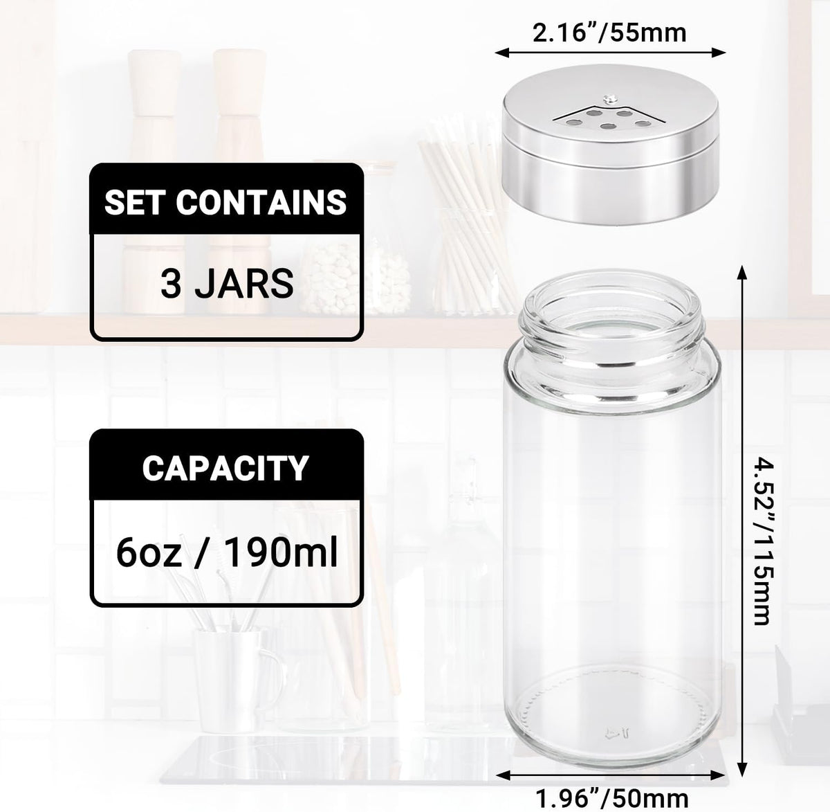 Segarty Spice Jars, 3 oz Spice Bottles with Shaker Lids, Glass Empty Seasoning Containers with Adjustable Pour Holes for Kitchen Spice Storage Stainless Steel Flow Top Salt and Pepper Shakers