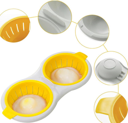 2 Cavity Microwave Egg Poacher, Microwavable Poached Egg Cooker with Lid & Handle Double Layer Microwave Egg Poacher Boiled Eggs Maker Poached Egg Cup for Breakfast with Oil Brush and Scraper (Yellow)