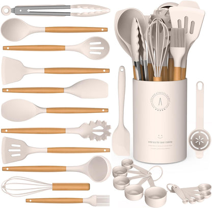 Silicone Cooking Utensils Set - AVGPD Silicone Kitchen Utensils for Cooking Wooden Handles, 446°F Heat Resistant Kitchen Utensil Spatula Sets, Gadgets for Non-Stick Cookware BPA FREE (Black)