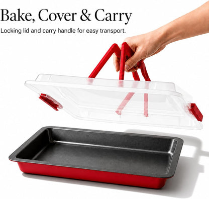 10x15 Jelly Roll Pan with Lid, Nonstick Carbon Steel Baking Pan with Locking Cover & Foldable Carry Handle, Rectangular Cake Pan Carrier for Swiss Roll, Brownies, Bars, Potluck & Bake Sale Desserts