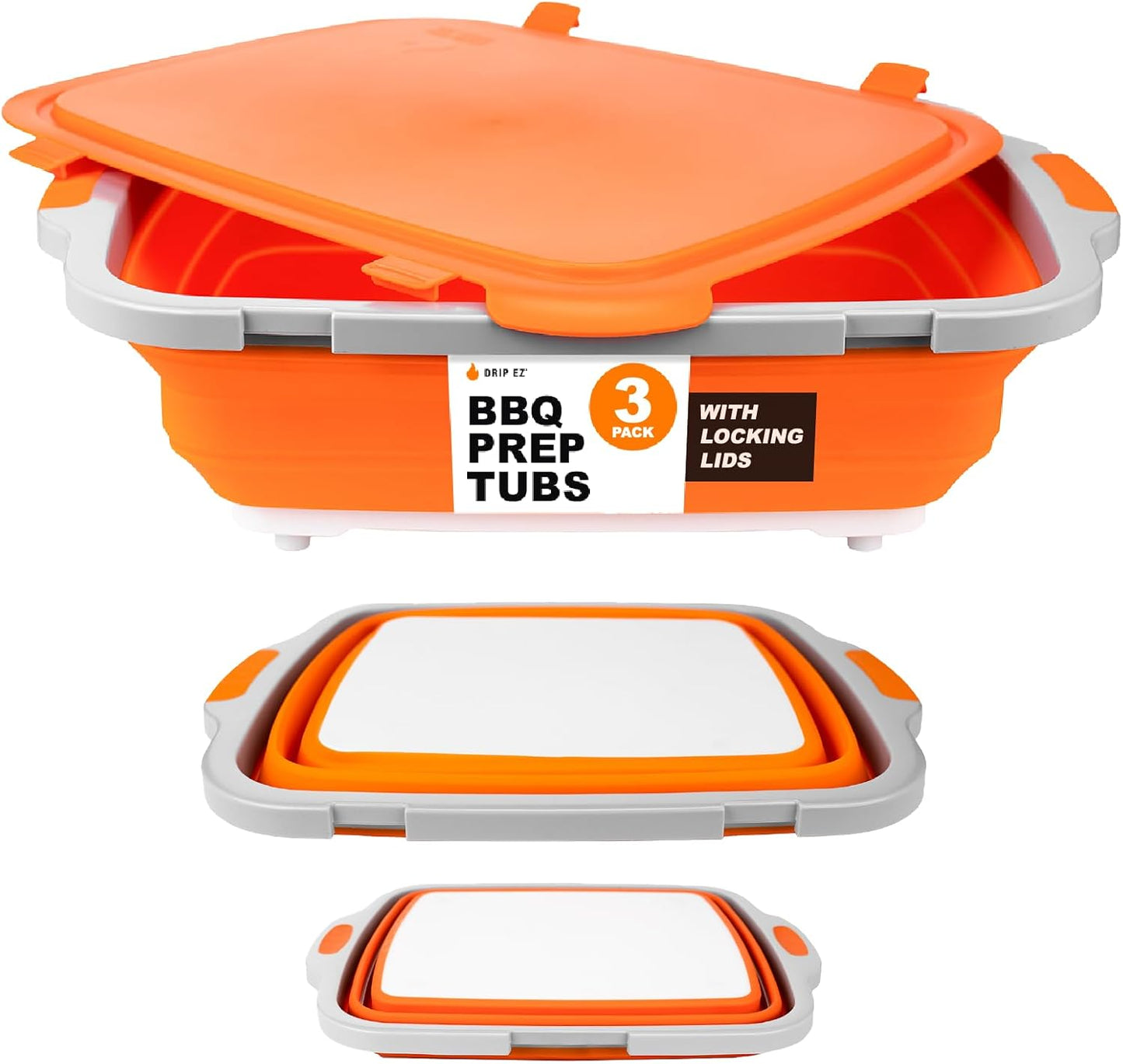 Drip EZ Collapsible BBQ Prep Tubs 3-Piece Set- For Meal Prep Marinating Food Storage - Includes Cutting Board & Lid - (1) JR + (1) OG + (1) XL - Black