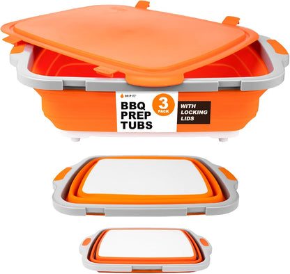Drip EZ Collapsible BBQ Prep Tubs 3-Piece Set- For Meal Prep Marinating Food Storage - Includes Cutting Board & Lid - (1) JR + (1) OG + (1) XL - Black