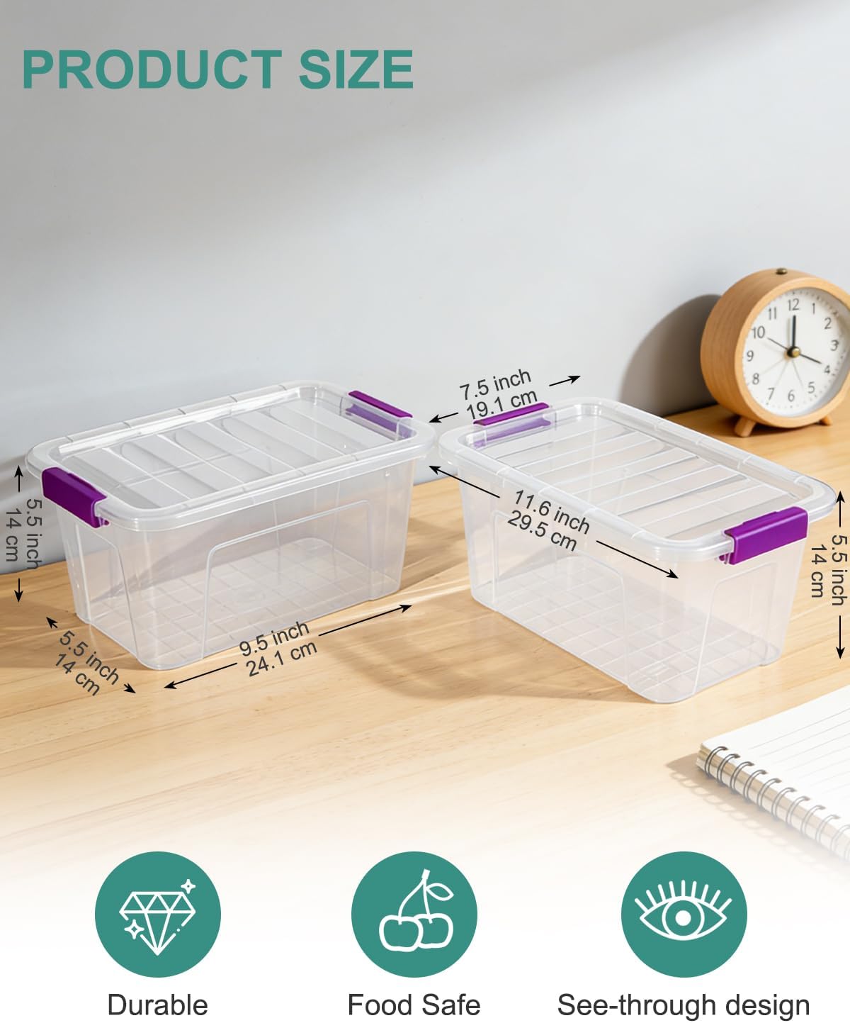 EOENVIVS Plastic Storage Bins with Lids 6 Pack, 7 Quart Storage Containers With Black Buckle Latch, Stackable Storage Organizers for Home Pantry Office Classroom Organization, Clear