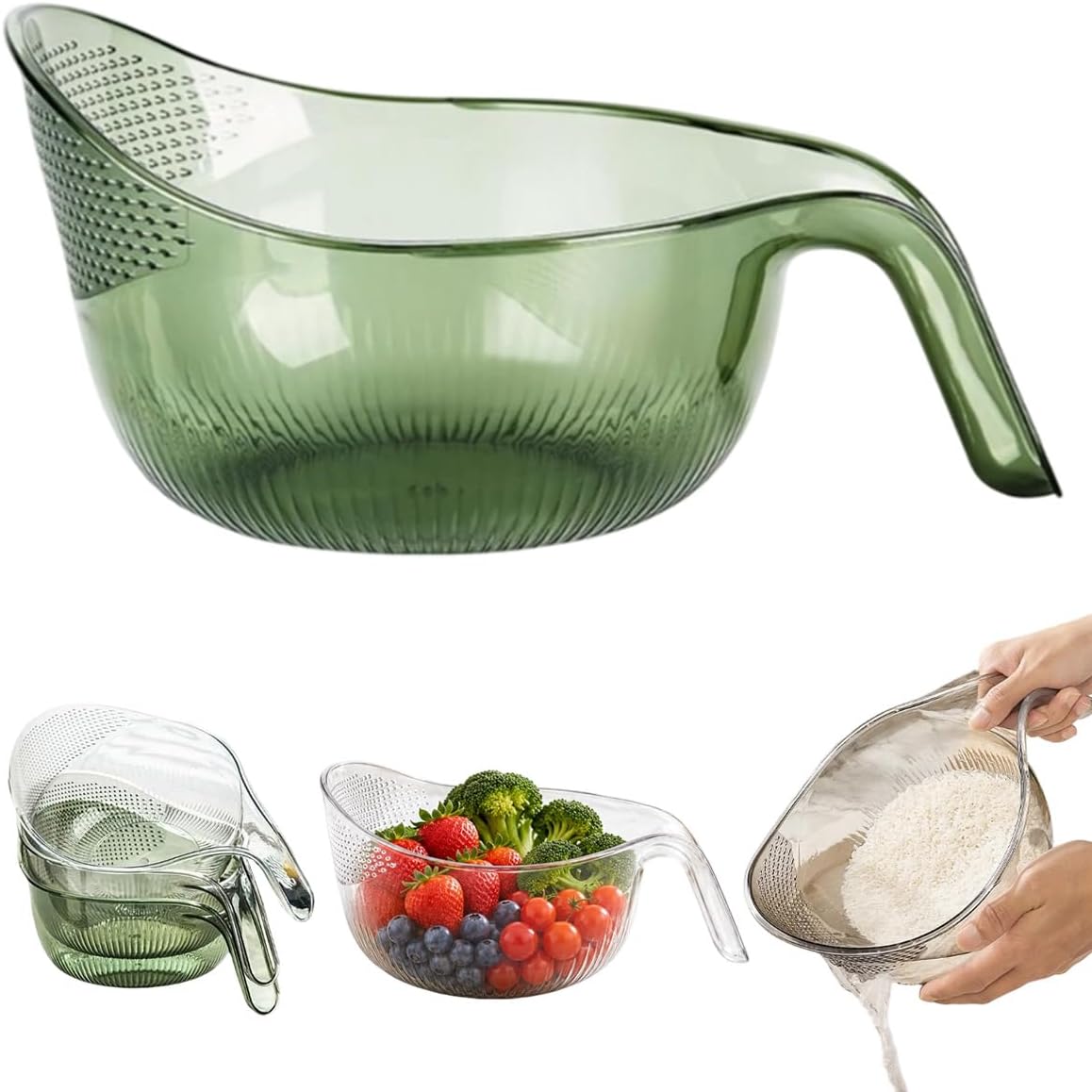 Multipurpose Rice Washing Bowl Strainer with Handle，Transparent：Small+Large