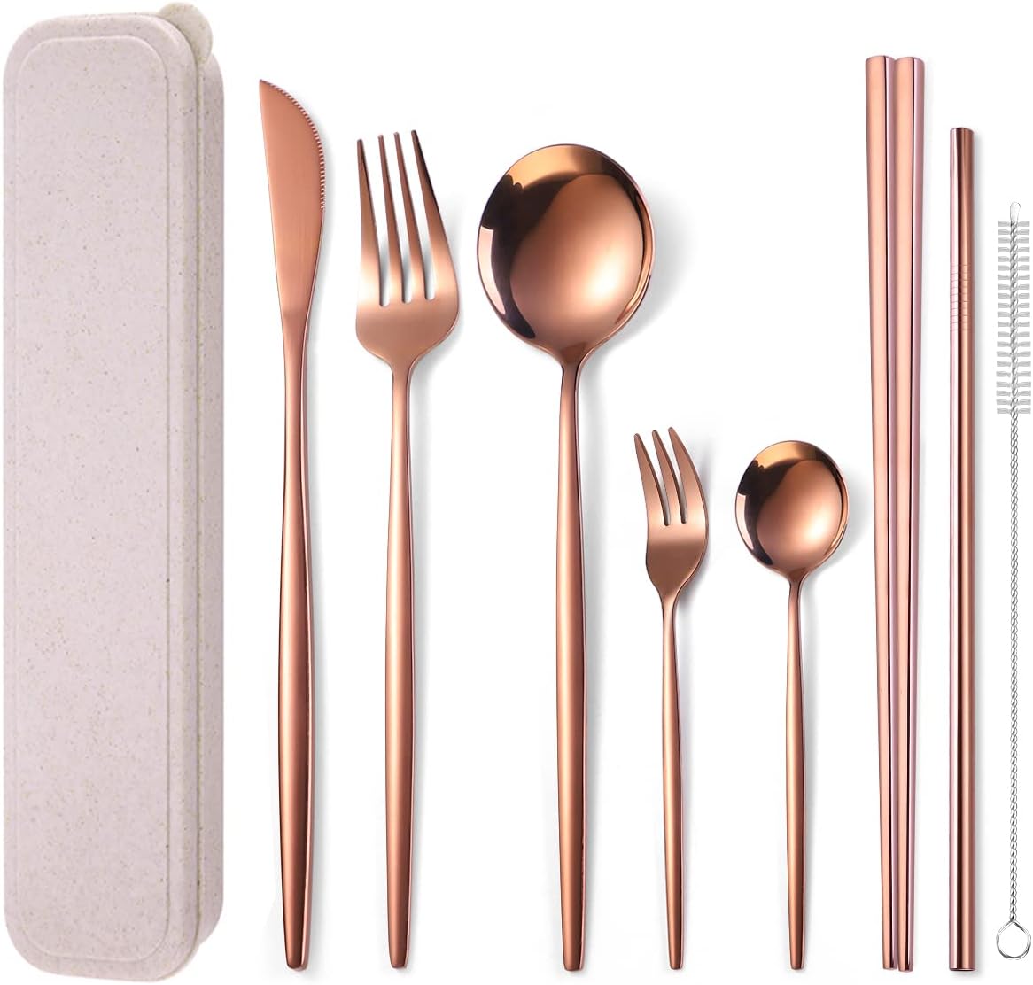 AARAINBOW 8 Pieces Stainless Steel Flatware Set Portable Reusable Cutlery Set Travel Utensils Set Including Chopsticks Knife Fork Spoon Straws Cleaning Brush Dishwasher Safe (Pink Golden)