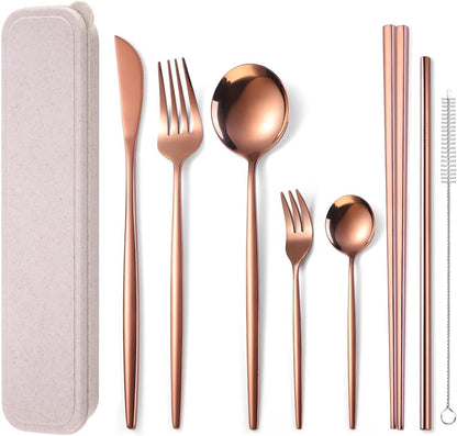 AARAINBOW 8 Pieces Stainless Steel Flatware Set Portable Reusable Cutlery Set Travel Utensils Set Including Chopsticks Knife Fork Spoon Straws Cleaning Brush Dishwasher Safe (Pink Golden)