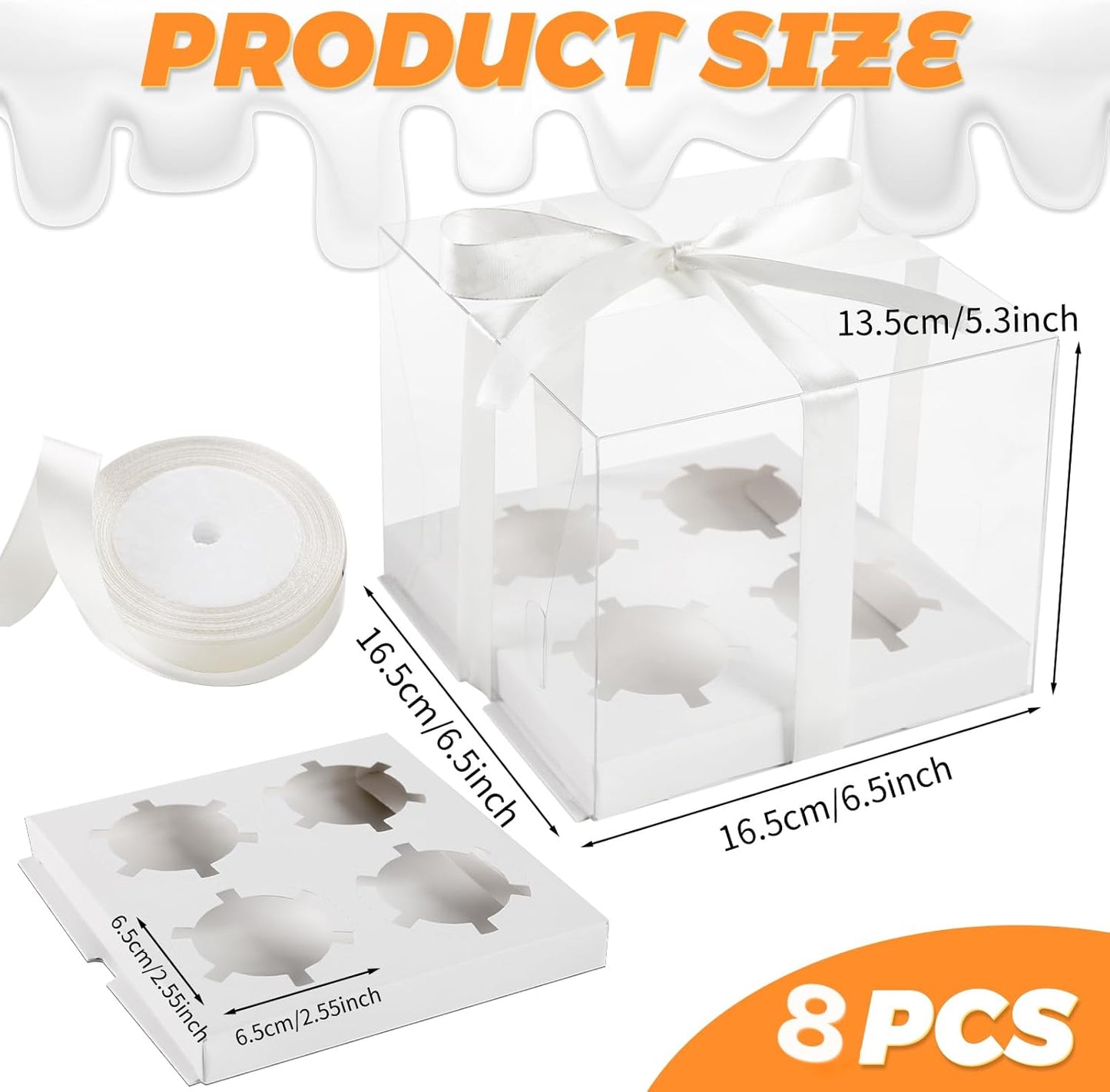 JCD 4 Pack Clear Cupcake Boxes, Plastic Cupcake Containers with Gift Ribbon, 5.5inches height Holder 6 Count Cup Cake Boxes for Parties, Baking, Wedding, Transport (6count/4pcs)