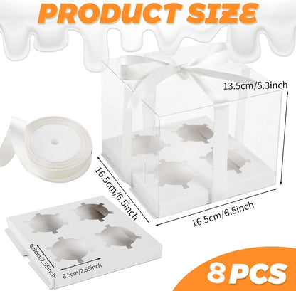 JCD 4 Pack Clear Cupcake Boxes, Plastic Cupcake Containers with Gift Ribbon, 5.5inches height Holder 6 Count Cup Cake Boxes for Parties, Baking, Wedding, Transport (6count/4pcs)