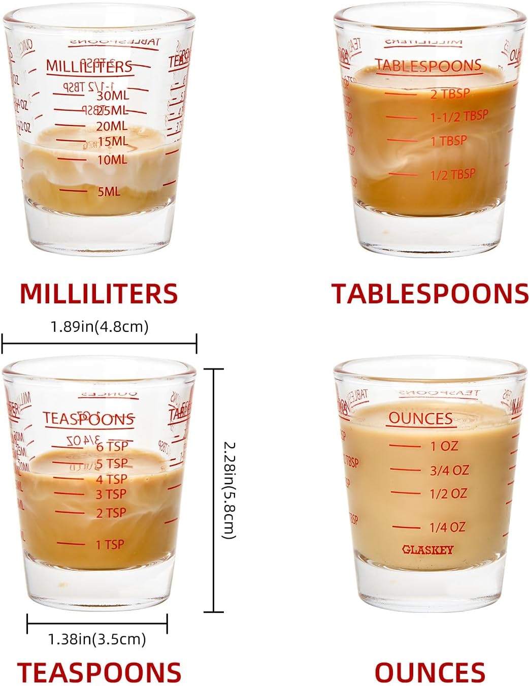 GLASKEY Shot Glasses Measuring Cup Set - 2 Pack Espresso Shot Glasses with Precise Measurement Marks,Heavy Duty Glass,Dishwasher Safe,Perfect for Coffee,Cocktails and Kitchen Use (Black & Red)