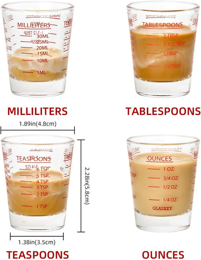 GLASKEY Shot Glasses Measuring Cup Set - 2 Pack Espresso Shot Glasses with Precise Measurement Marks,Heavy Duty Glass,Dishwasher Safe,Perfect for Coffee,Cocktails and Kitchen Use (Black & Red)