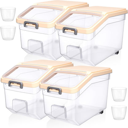 Sunnyray 4 Pcs Rice Storage Containers Bulk Flour Sugar Container Wheels Measuring Cups Set Airtight Pet Dog Cat Birds Food Bin Grain Cereal Organizer Box for Dry Baking (Beige,38 lb)