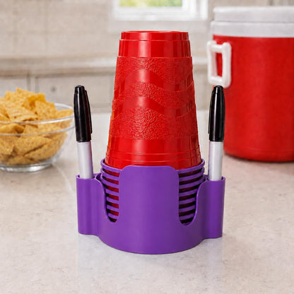 Party Cup Dispenser with Marker Holder – Stackable Plastic Cup Organizer for Parties, Events, BBQs, Picnics, Graduations & Drink Stations, Cup and Marker Caddy, Black (Red)