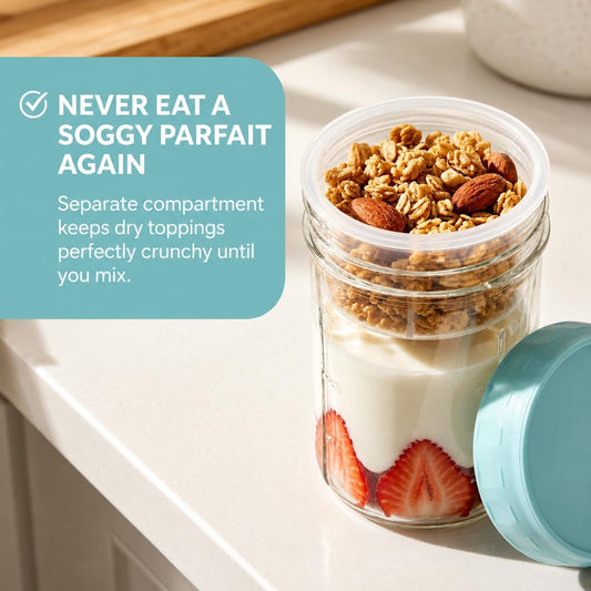 Overnight Oats Containers with Lids, 4 Pack 16 Oz Glass Mason Jars - Leakproof Meal Prep Jars, Separate Compartment, Folding Spoon, Yogurt Parfait Cups, Stackable, BPA Free