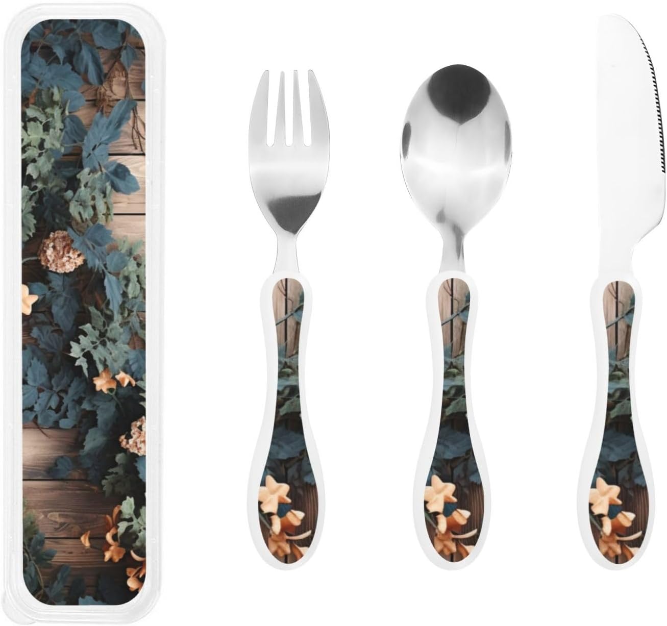 3-Piece Kids Silverware Set With Storage Case, Stainless Steel Reusable Children Safe Knife Spoon Fork Set Leaves Floral On Rustic Wood Children Flatware Set For Kids Lunch Box