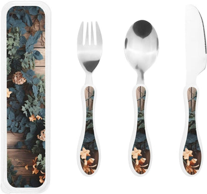 3-Piece Kids Silverware Set With Storage Case, Stainless Steel Reusable Children Safe Knife Spoon Fork Set Leaves Floral On Rustic Wood Children Flatware Set For Kids Lunch Box