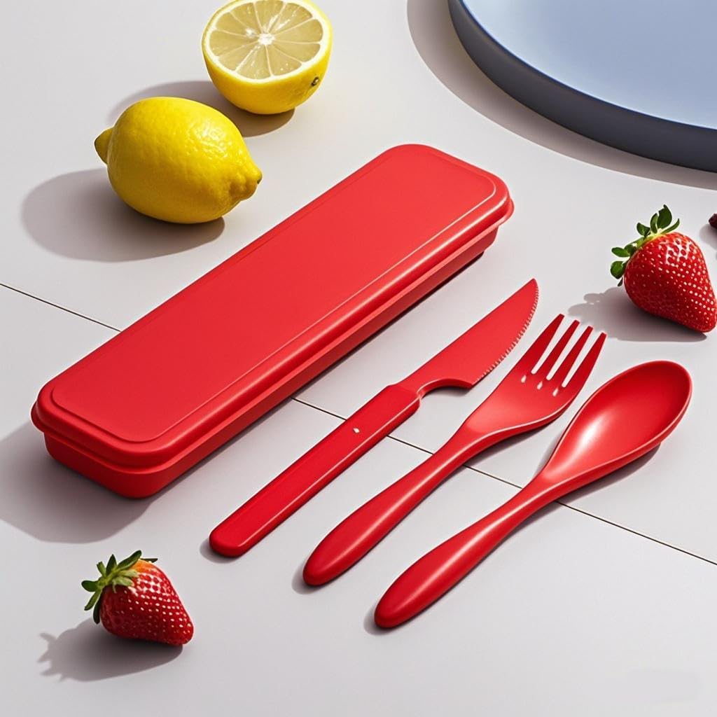 Reusable Utensils Set with Case, Wheat Straw Portable Spoon and Fork Set, Plastic Work School Kids Adults or Daily Use Cutlery Set - for Lunch Box Use Outdoor (Red)