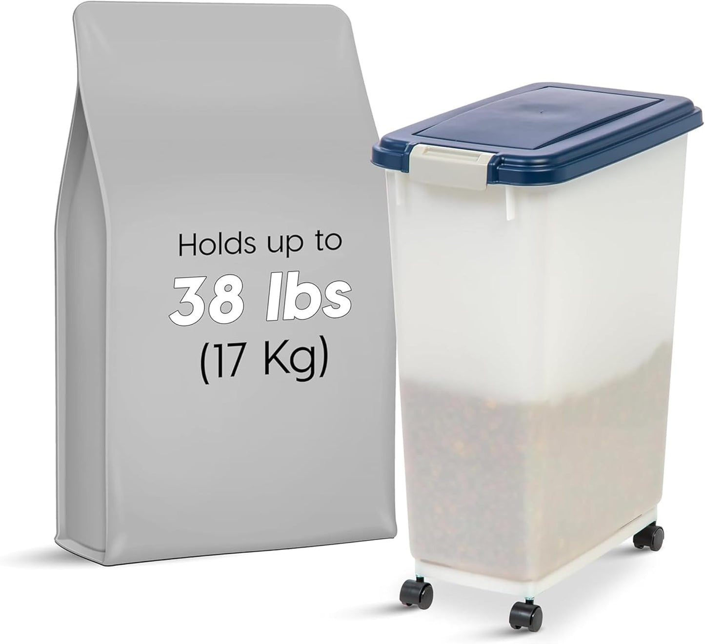 IRIS USA Dog Food Storage Container, 2 Pack, Up to 30 lbs Each, Airtight Seal for Freshness, Wheels for Rolling, Easy One Hand Opening, Made in USA, BPA Free, Clear/Black