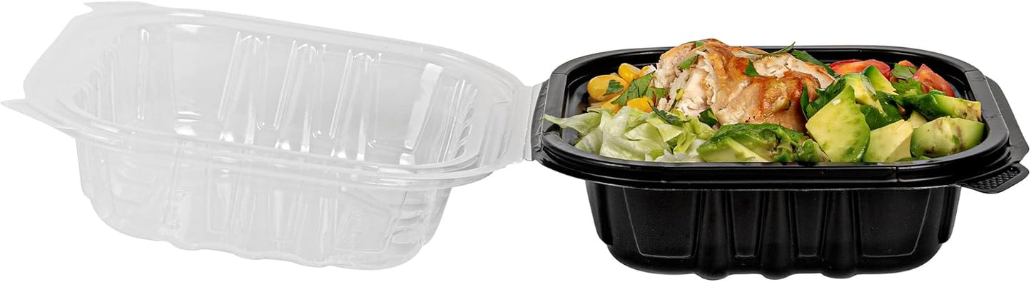 Thermo Tek 40 Ounce Clamshell Containers, 50 Disposable Take Out Boxes - 3 Compartments, Ventilated Lids, Black Plastic Meal Prep Containers, Microwavable, For Pasta Or Salads - Restaurantware