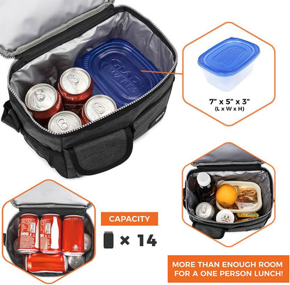 opux Insulated Lunch Bag for Men Women, Leakproof Black Lunch Box for Work, Portable Soft Lunch Cooler Bag with Shoulder Strap, Adult Lunchbox Lunch Pail for Kid Boy Girl School, 14 Can/8L