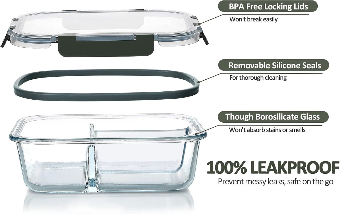 M MCIRCO 36 oz 3 Compartments Glass Meal Prep Containers set of 5 and 30Pcs Glass Food Storage Containers Set