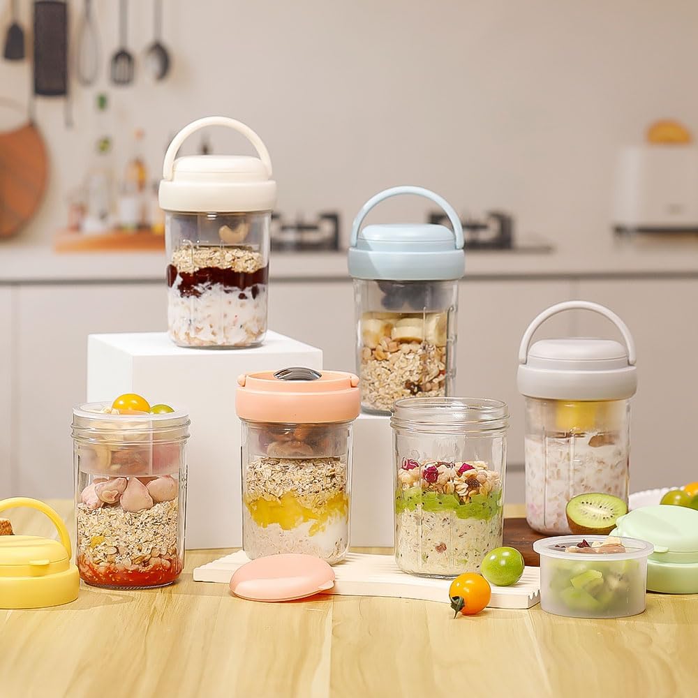 2 Pack Overnight Oats Containers with Lids and Handles, Folding Spoons & Divided Compartments for Fruit & Nuts, 16oz Mason Jars for Oatmeal Yogurt Container Chia Pudding Jars with lids (Cream 2pcs)