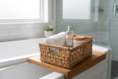 NAYA 11.6" Water Hyacinth Medium Wicker Shelf Basket – Storage Bin | Handwoven water hyacinth shelf basket with sturdy handles for pantry, towels and everyday home organization.
