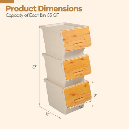 Giantex Plastic Stackable Storage Bins with Lids & Wheels, 3 Pack Open Front Stacking Bins, Organizer Bins for Pantry, Kitchen, Laundry, Closet, Playroom, Bedroom Organization (12.5 QT)