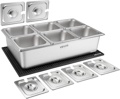VEVOR Chilled Condiment Server Caddy, 5 Compartment Ice Cooled Serving Container, Plastic Fruit Garnish Tray Platter with Lid, for Taco Salad Bar Accessories, Party Home Restaurant Supplies