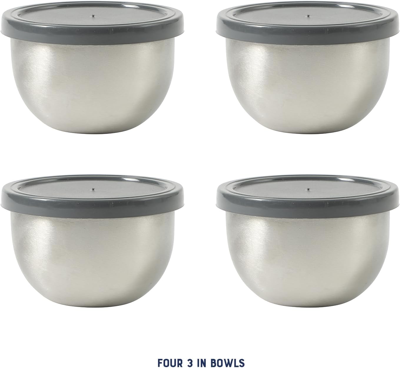 Oster Kempsville 4-Piece Stainless Steel Mini Bowls with Gray Lids – 3 Inch Prep and Storage Containers, Snack and Dipping Bowls